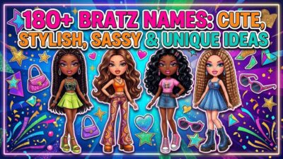Four trendy Bratz dolls standing below the text: '180+ Bratz Names: Cute, Stylish, Sassy & Unique Ideas'.