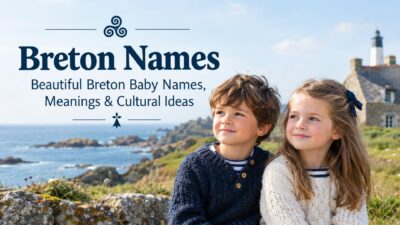 Breton names featured on a coastal Brittany scene with children, a stone cottage, and Celtic-inspired details