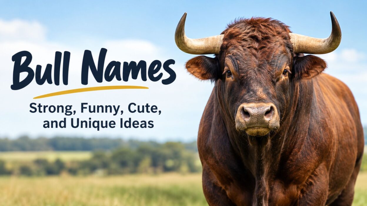 Bull names featuring a powerful brown bull with the text “Strong, Funny, Cute, and Unique Ideas”