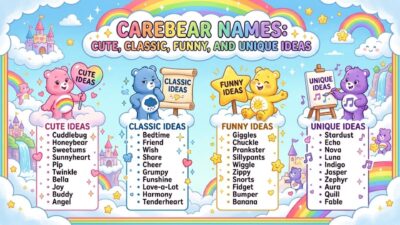 Care Bears infographic showing cute, classic, funny, and unique Care Bear name ideas against a colorful cloud backdrop.
