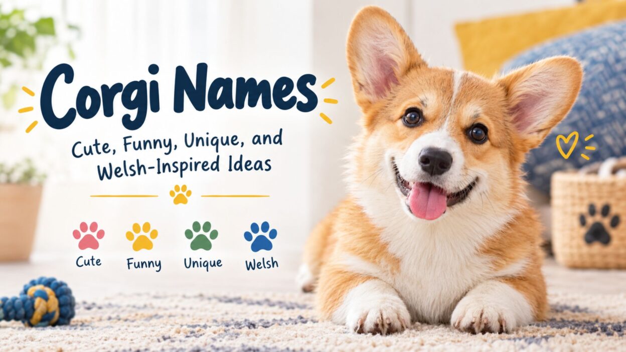 Corgi names banner featuring a cute puppy and cute, funny, unique, and Welsh-inspired name ideas.