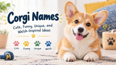 Corgi names banner featuring a cute puppy and cute, funny, unique, and Welsh-inspired name ideas.