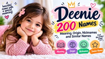 Deenie names guide featuring a smiling little girl and colorful illustrations about the name's meaning, origin, nicknames, and similar names.