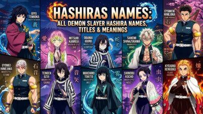 Infographic showing Demon Slayer Hashira names, titles, and Kanji meanings in 1920x1080 banner format.