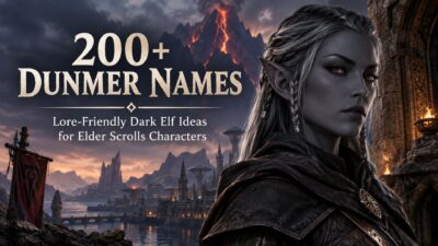 200+ Dunmer names with a dark elf character and volcanic Elder Scrolls-inspired landscape