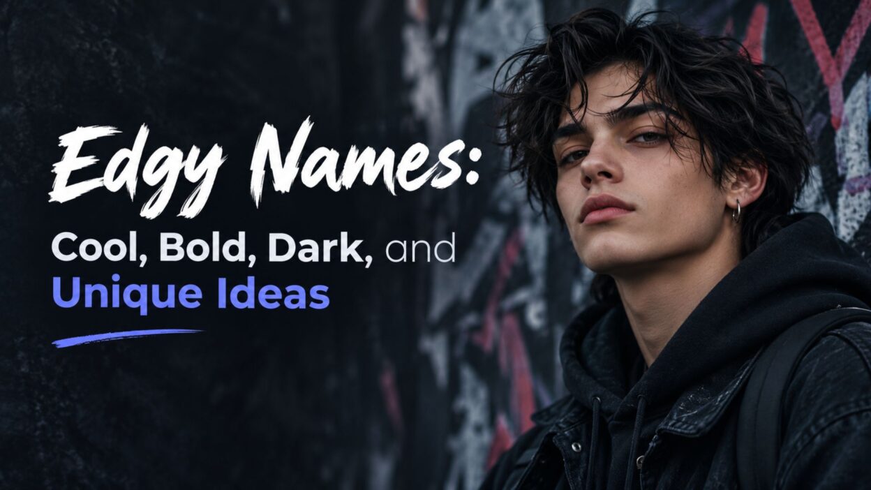 Edgy names featuring cool, bold, dark, and unique ideas against a moody urban background.