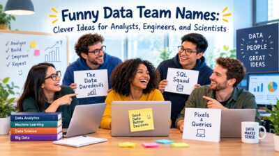 Funny data team names for analysts, engineers, and scientists working together in a creative office.