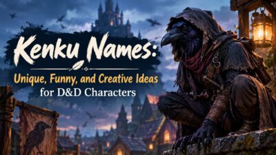 Kenku names for D&D characters featuring a hooded raven-like adventurer in a fantasy village at dusk.