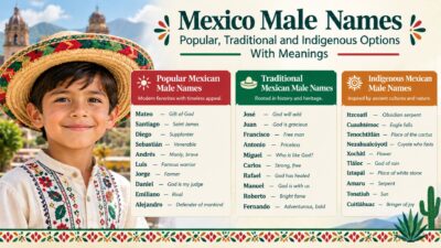 Mexico male names featuring popular, traditional, and Indigenous Mexican names with meanings in a colorful infographic.