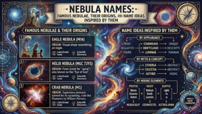 Infographic showing famous nebula names, origins, and creative name ideas in 1920x1080 resolution.
