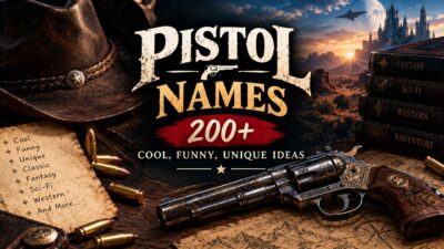 Pistol names featuring 200+ cool, funny, and unique ideas with a vintage revolver and western fantasy theme.