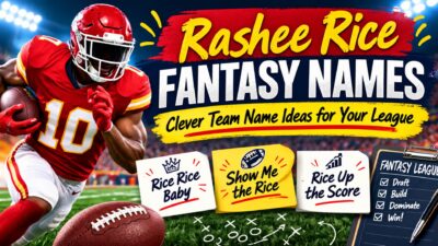 Rashee Rice fantasy names featuring clever football team ideas like Rice Rice Baby, Show Me the Rice, and Rice Up the Score.
