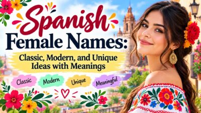 Spanish female names with meanings, featuring a smiling woman in colorful floral attire and classic, modern, and unique name ideas.