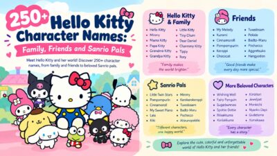 250+ Hello Kitty character names featuring family, friends, and popular Sanrio characters in a colorful infographic.
