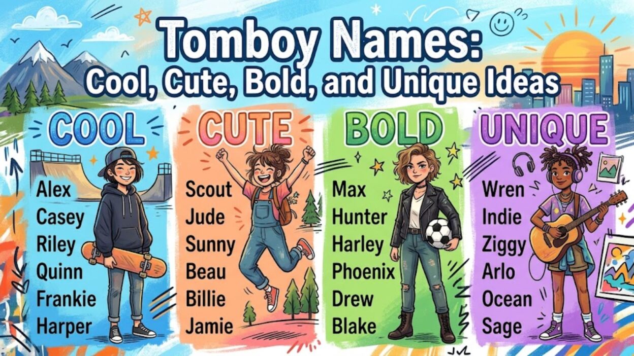 Illustrated guide featuring tomboy names categorized into cool, cute, bold, and unique styles with character art.